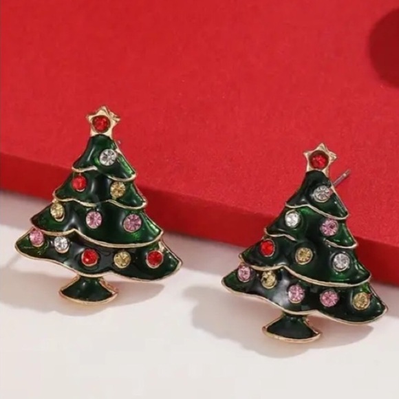 Multicolor Christmas Tree Holiday Gold Toned Stud Earrings - Picture 1 of 2